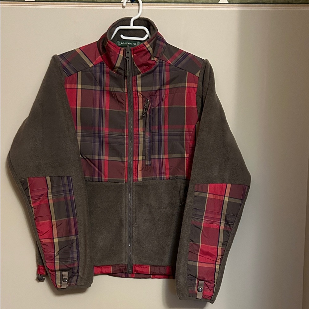 Mountain Fog grey fleece jacket pink plaid trim zip front stand up collar size S